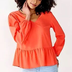 🩷NINE WEST LONG SLEEVE CORAL ORANGE PEPLUM V NECK BLOUSE SIZE EXTRA SMALL
